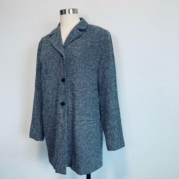 Vintage Touche Boucle Blazer Jacket Long Trench Black Grey 12 Medium Large - Picture 2 of 6